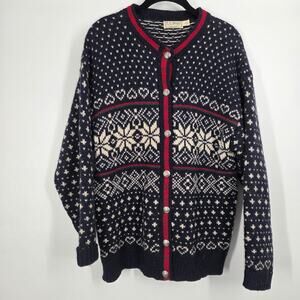 Vintage L.L. Bean Blue Red White Chunky Knit Fair Isle Cardigan Sweater Large